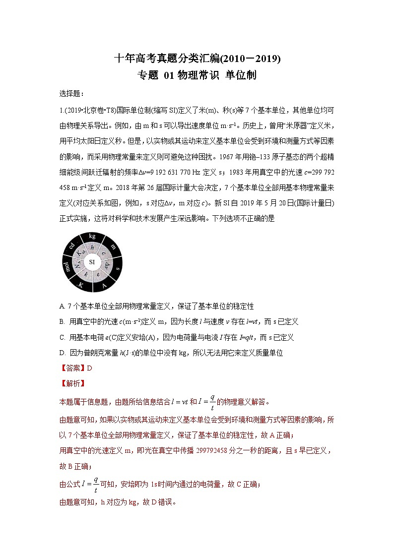 2010-2019年高考物理真题分专题训练 专题01 物理常识 单位制（教师版）第1页