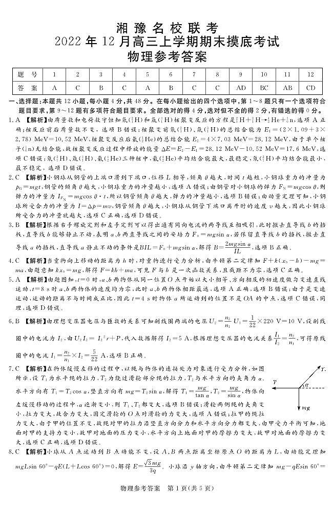 湘豫名校联考物理答案第1页