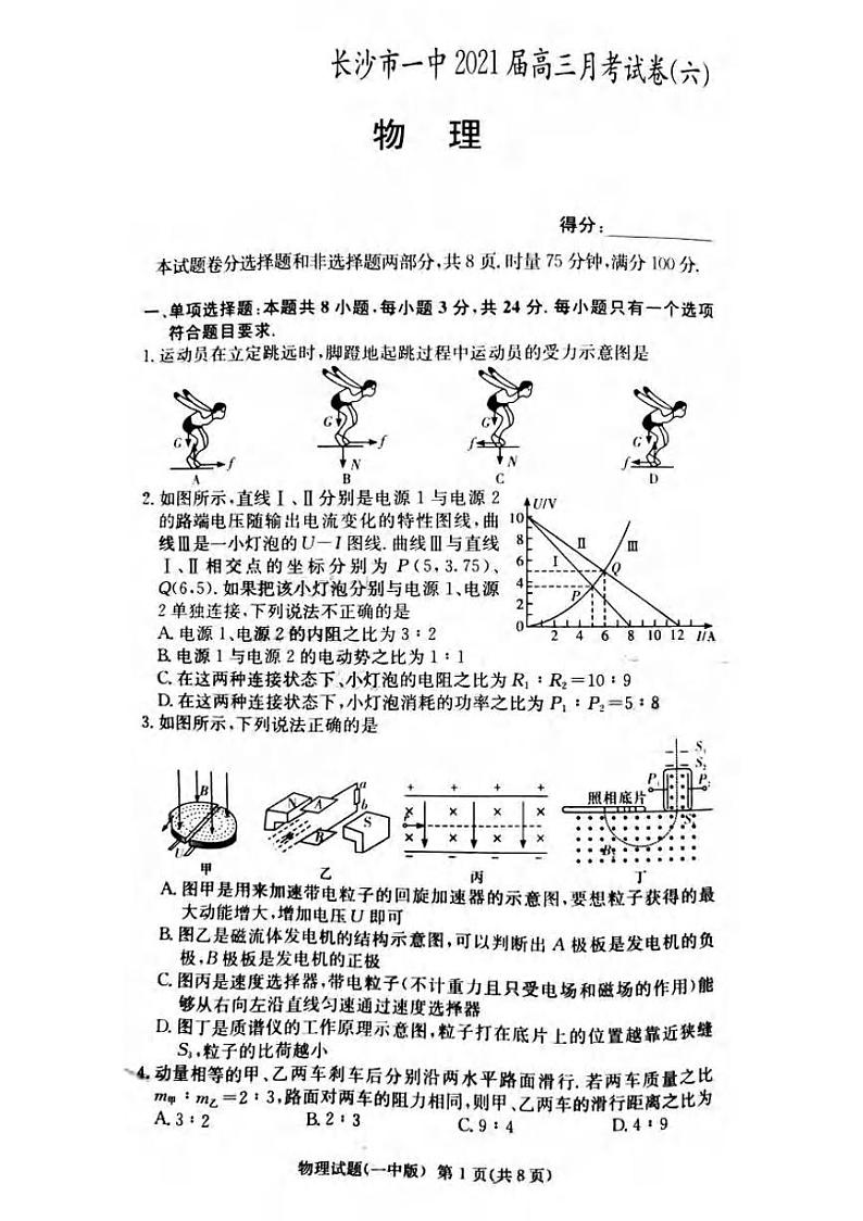 湖南省长沙市第一中学2021届高三月考试卷（六）物理第1页