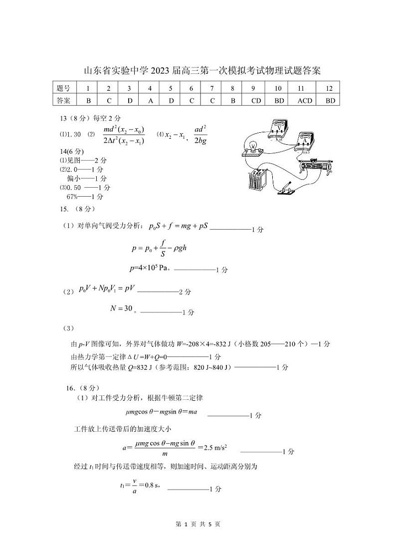 2023届山东省实验中学高三下学期第一次模拟考试物理PDF版含答案01