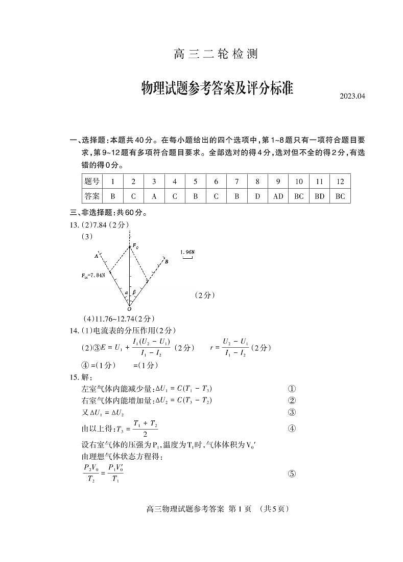 2023届山东省泰安市高三下学期二模试题物理PDF版含答案01