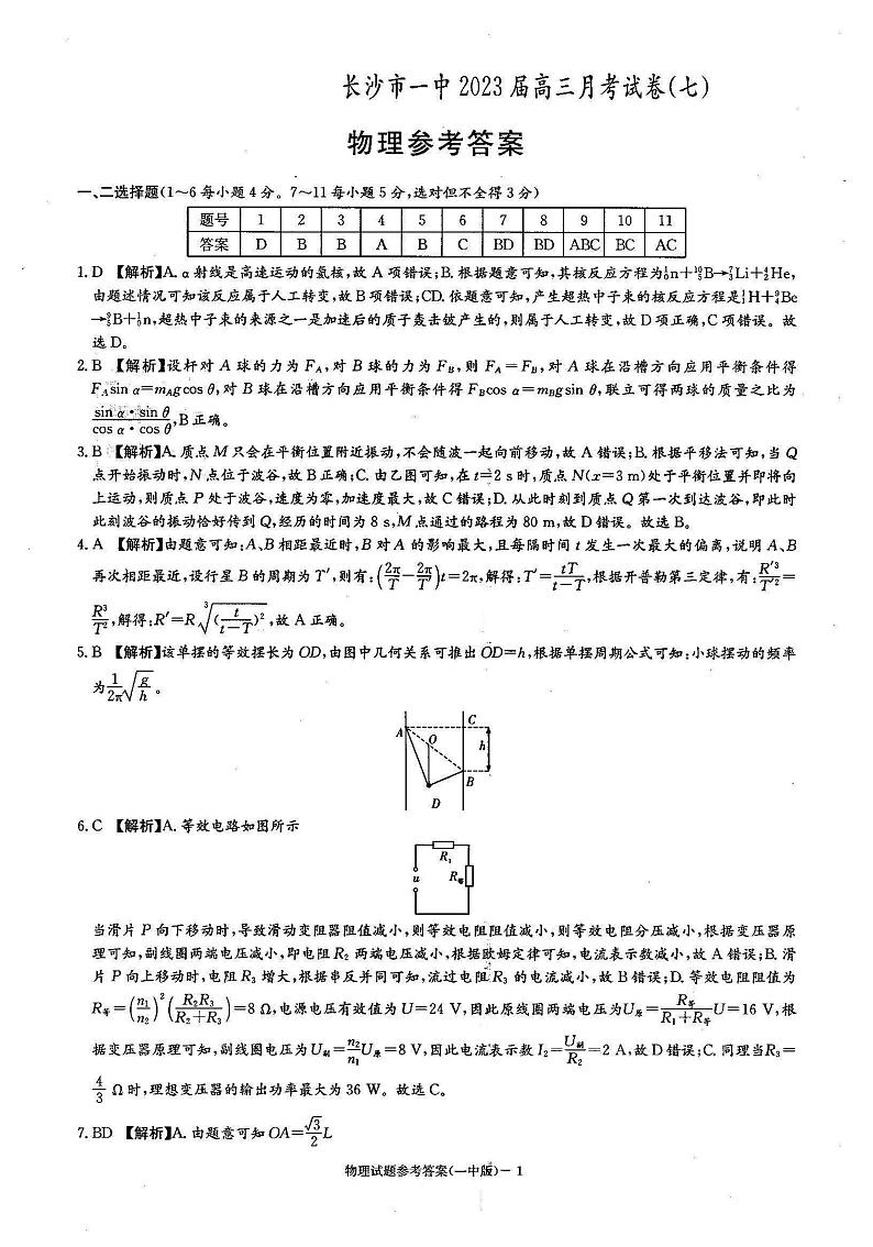 2023届湖南省长沙市第一中学高三月考卷（七）物理试卷 PDF版01
