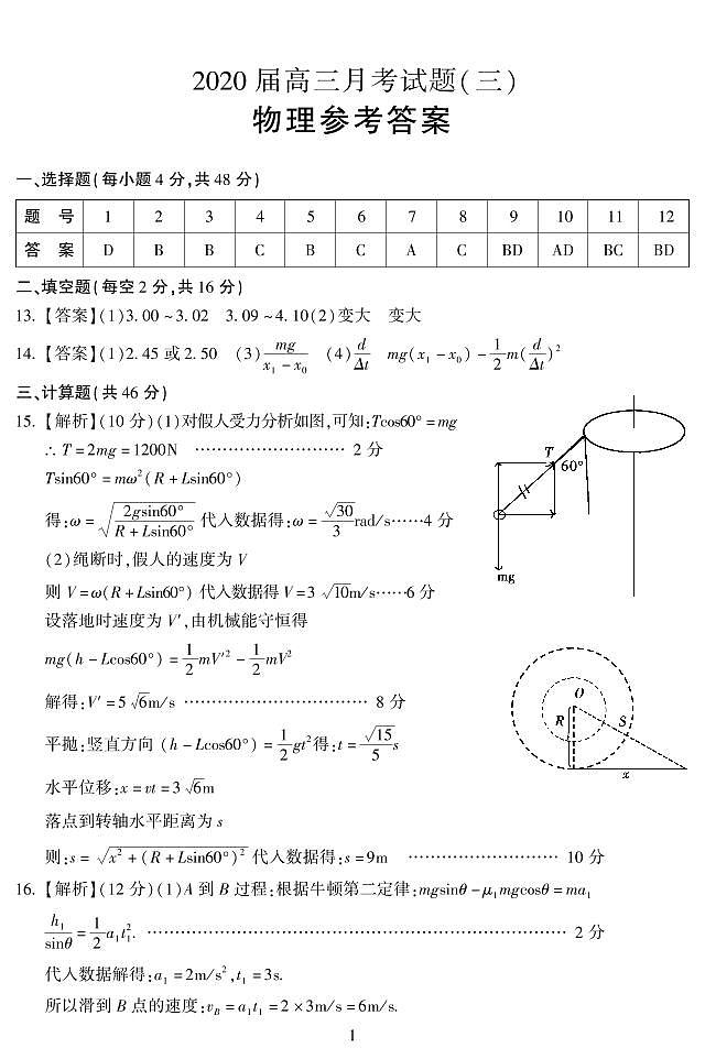 2020届湖南省岳阳市第一中学高三上学期第三次月考物理试题 PDF版01