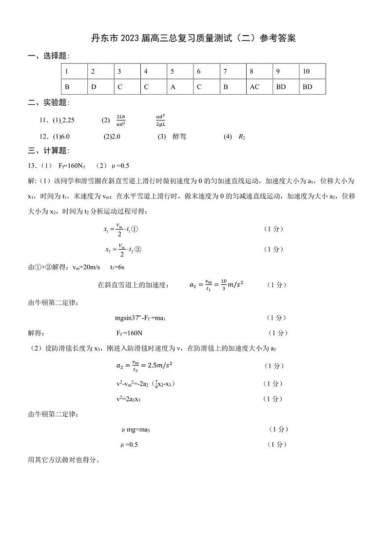 2023届辽宁省丹东市高三总复习质量测试（二）物理试卷 PDF版01