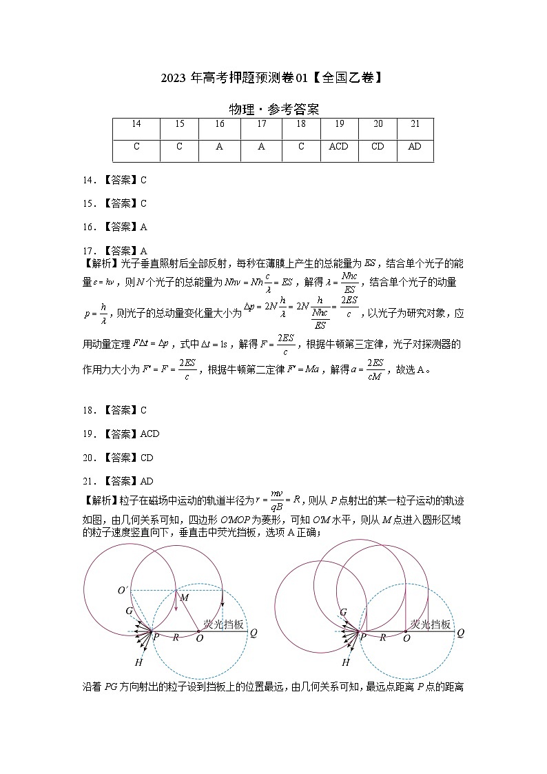 2023年高考物理押题卷01（全国乙卷）（参考答案）第1页