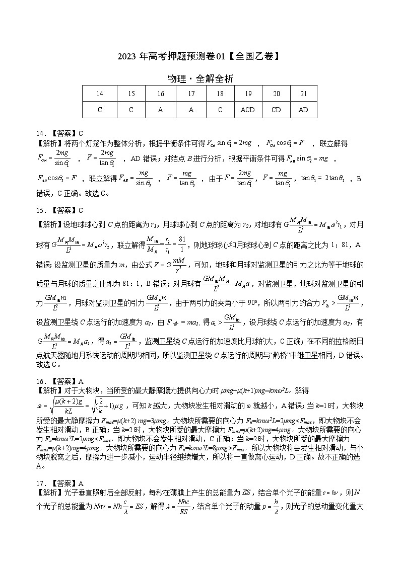 2023年高考物理押题卷01（全国乙卷）（全解全析）第1页