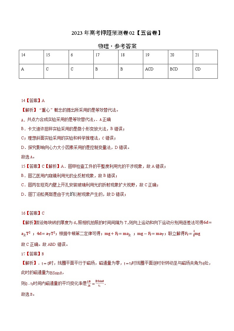 2023年高考物理押题卷02（云南，安徽，黑龙江，山西，吉林五省通用）（含考试版、全解全析、参考答案、答题卡）01