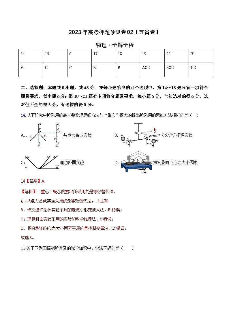 2023年高考物理押题卷02（云南，安徽，黑龙江，山西，吉林五省通用）（含考试版、全解全析、参考答案、答题卡）01