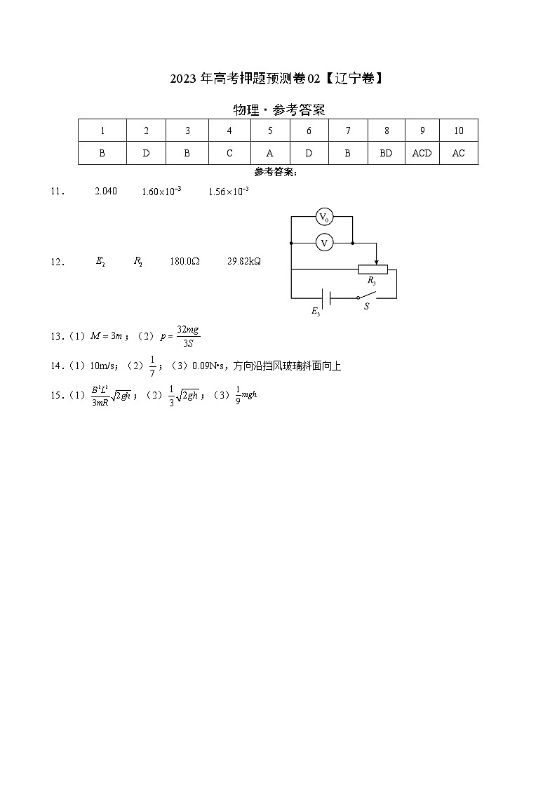 2023年高考物理押题卷02（辽宁卷）（参考答案）第1页