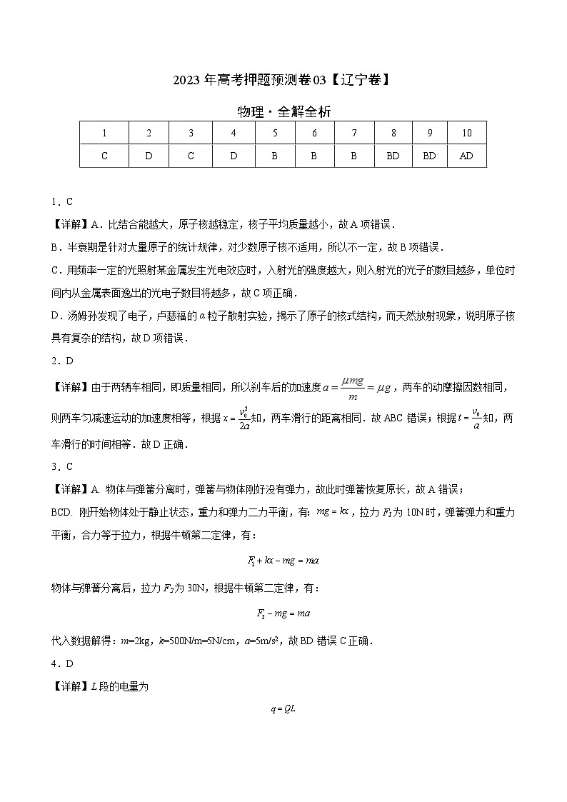 2023年高考物理押题卷03（辽宁卷）（含考试版、全解全析、参考答案、答题卡）01