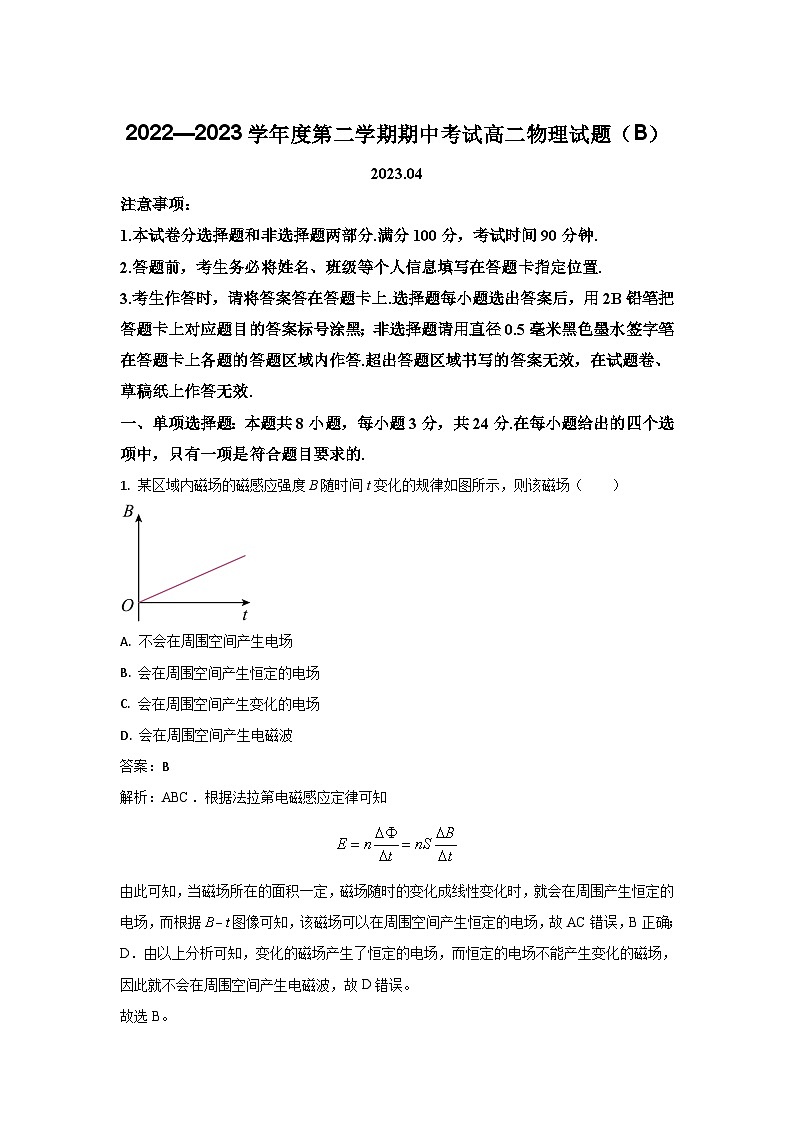 2022-2023学年山东省菏泽市高二下学期期中考试物理（B）试题（解析版）01