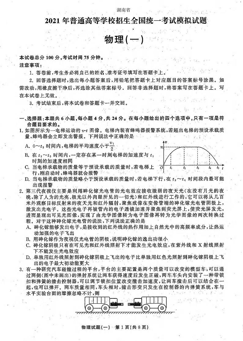 2021年普通高等学校招生全国统一考试模拟试题  物理（一)第1页