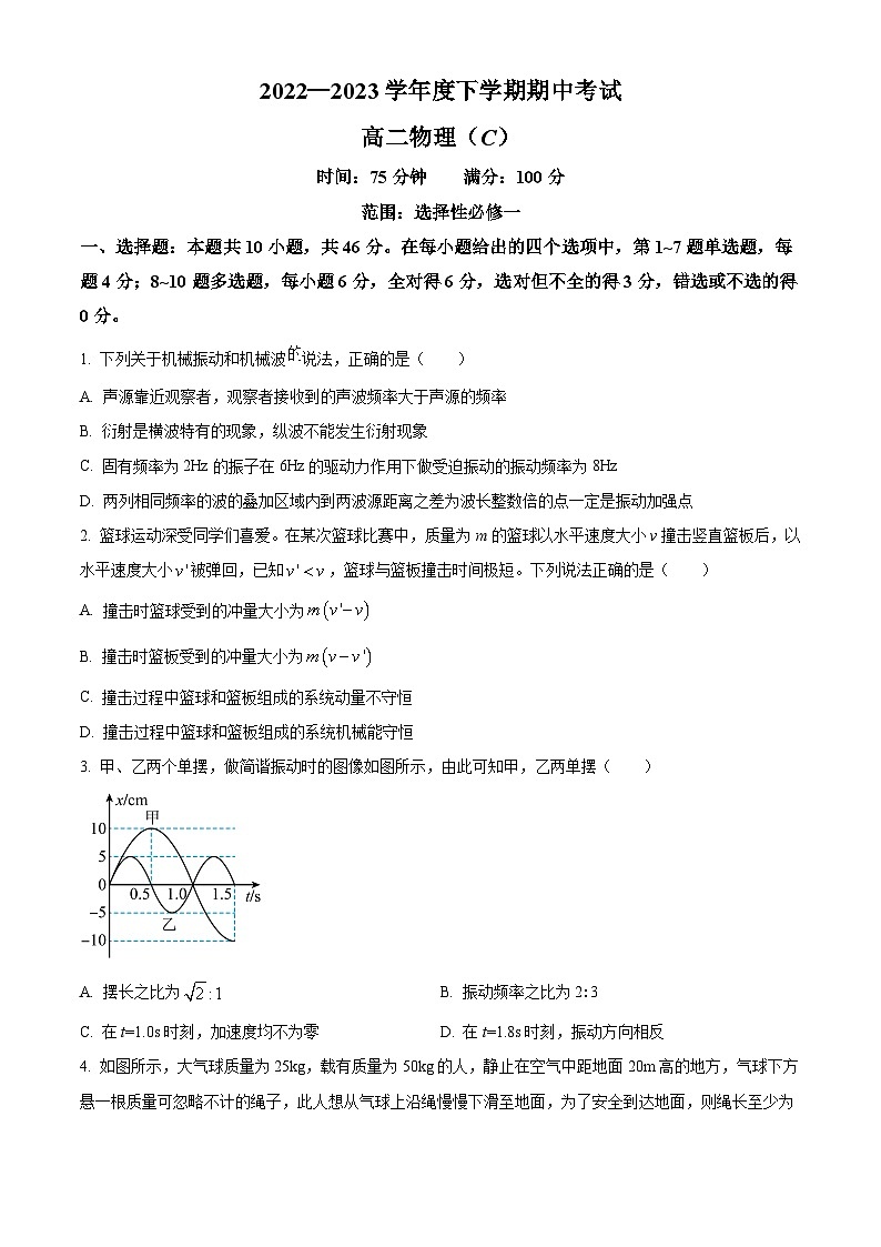 精品解析：辽宁省鞍山市普通高中2022-2023学年高二下学期期中物理试题（C卷）（原卷版）第1页