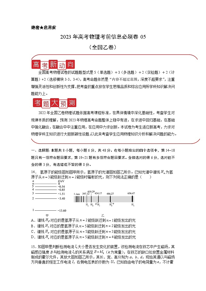 信息必刷卷05-2023年高考物理考前信息必刷卷（全国乙卷）（考试版）第1页