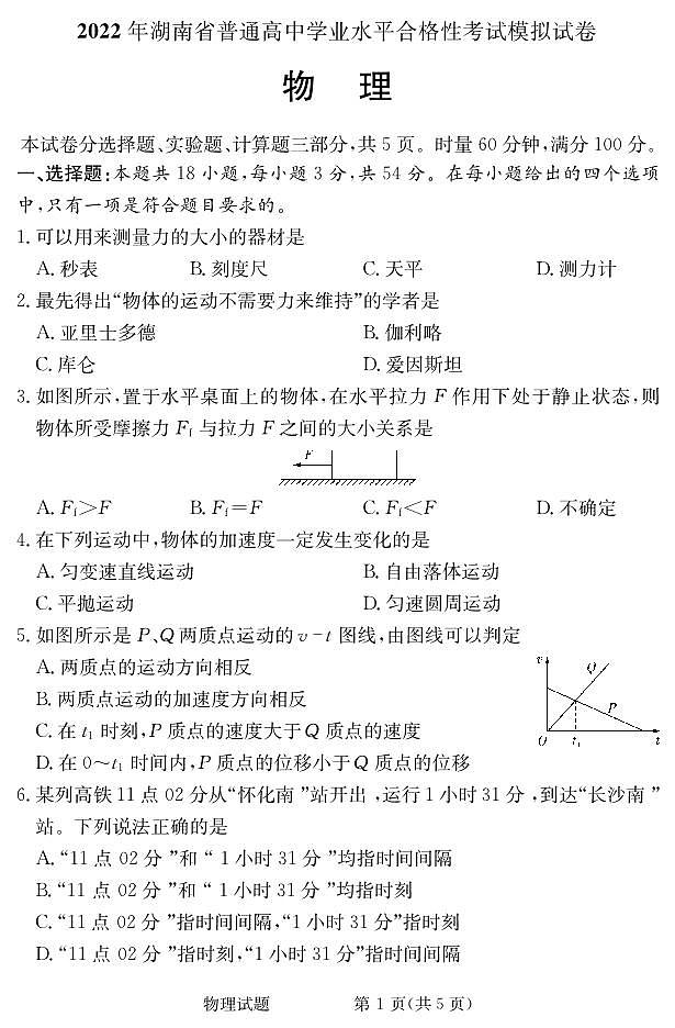 2021-2022学年湖南省普通高中高二下学期5月学业水平合格性模拟考试物理试题（PDF版）01