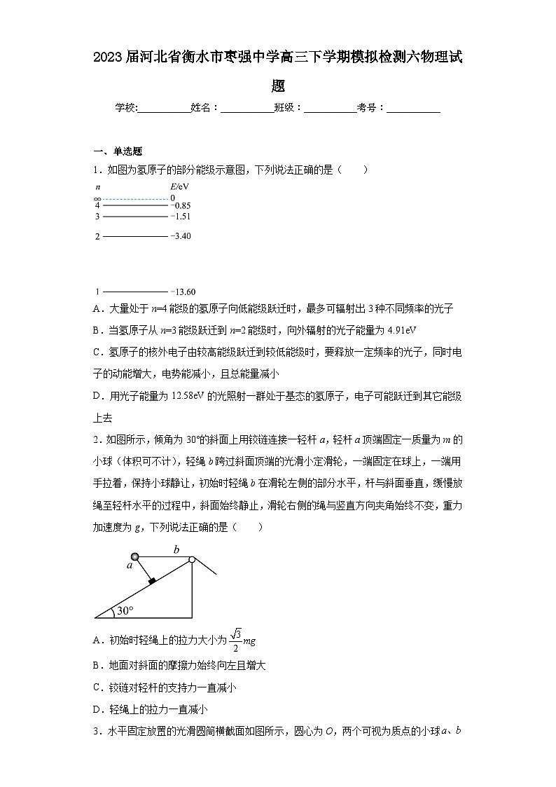 2023届河北省衡水市枣强中学高三下学期模拟检测六物理试题（含答案）第1页