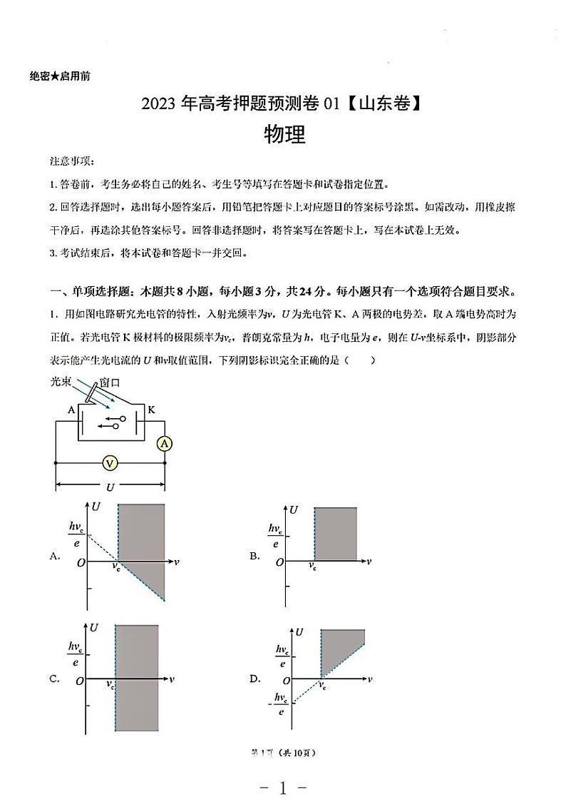 2023年物理高考押题预测卷1（山东卷）01