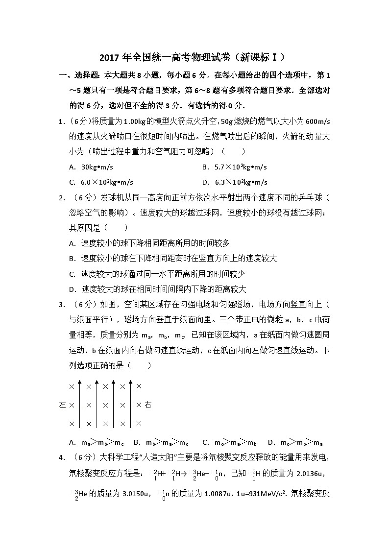【品优教学】2017年湖南省高考物理试卷（新课标ⅰ）（原卷版）第1页