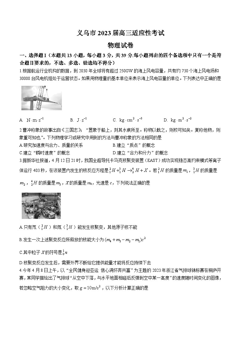 2022-2023学年浙江省义乌市高三下学期5月适应性考试（三模）物理试题（word版）第1页