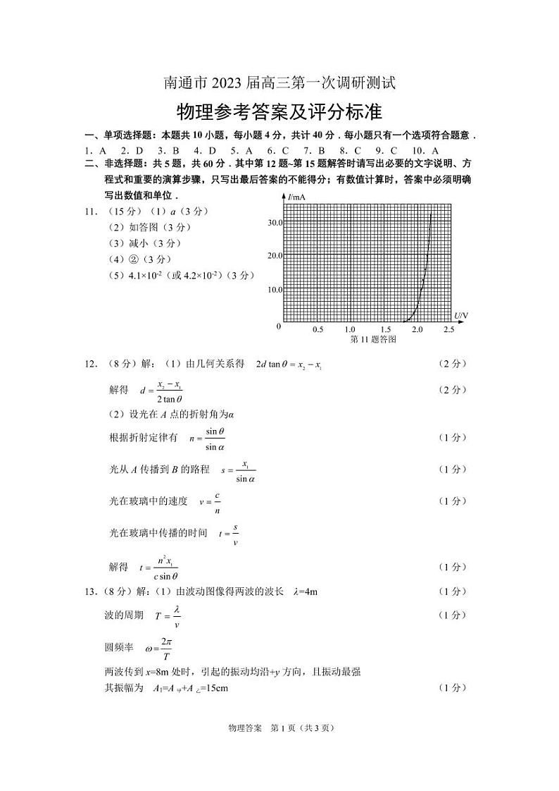 2023届江苏省南通市高三第一次调研测试物理参考答案与评分标准第1页