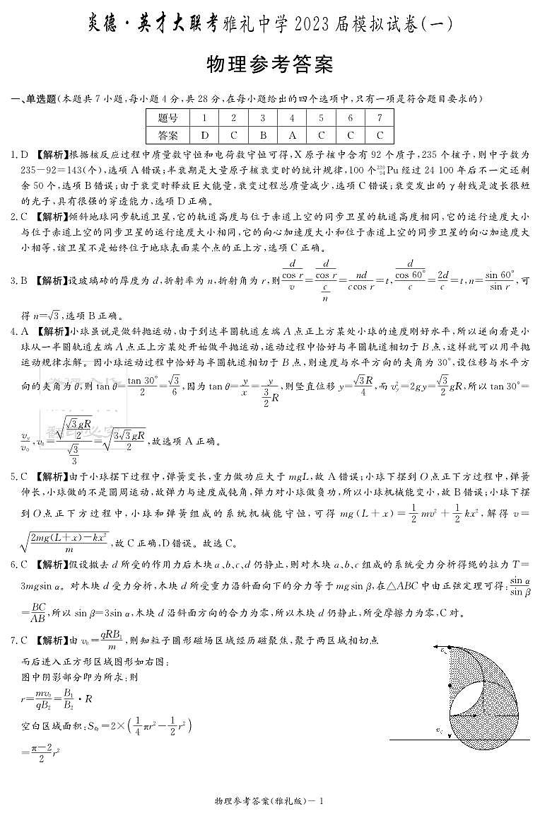 2023届湖南省长沙市雅礼中学高三模拟考试（一）物理答案和解析第1页
