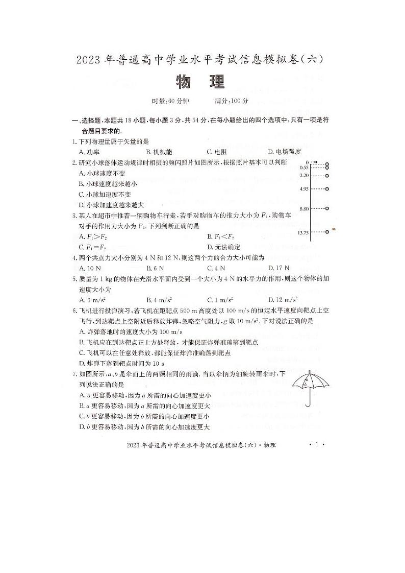 2023年湖南省普通高中学业水平考试信息模拟卷（六）物理试题 PDF版01