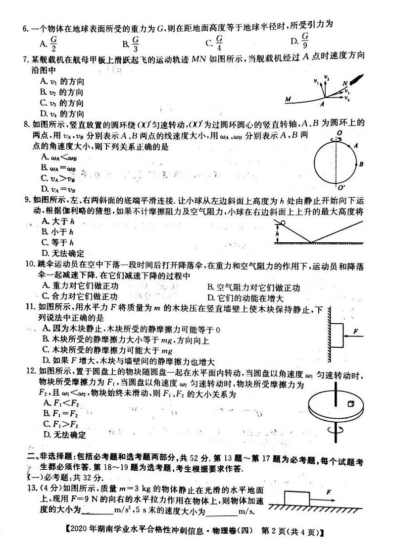 2020年湖南省普通高中学业水平合格性测试冲刺 信息卷四  物理第2页