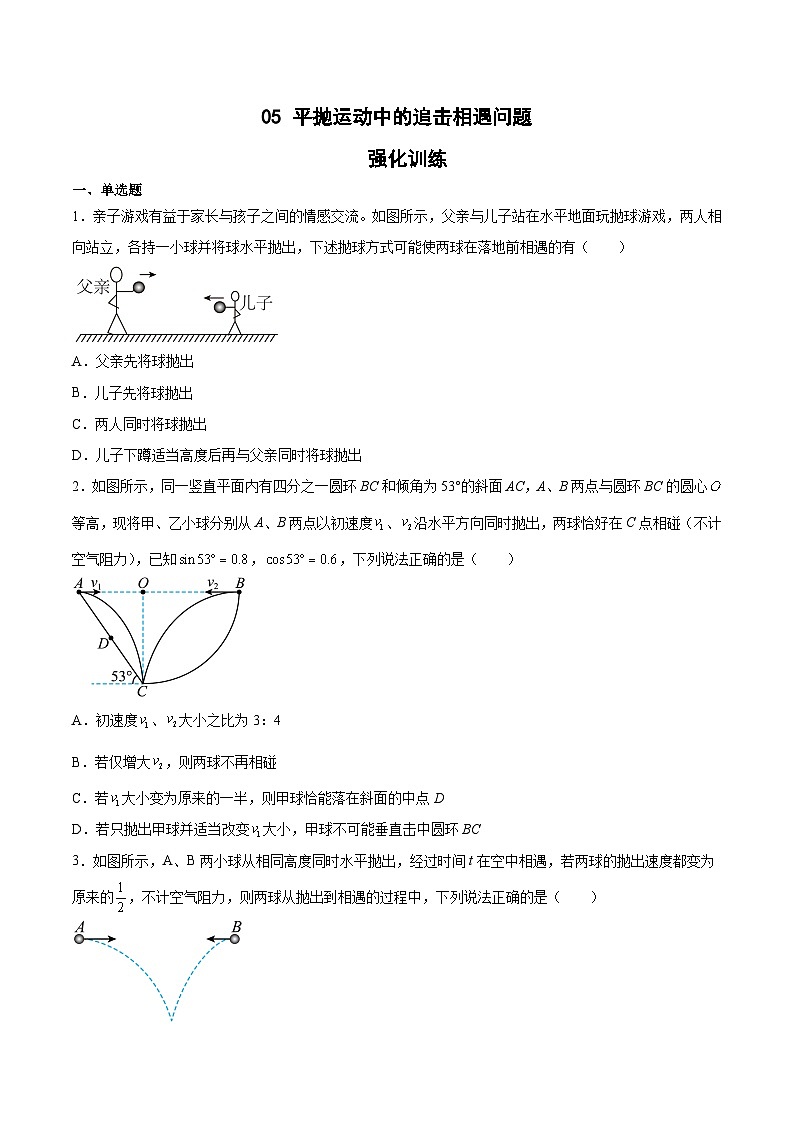 2022-2023年（人教版2019·必修二）微专题强化训练专题05 平抛运动中的追击相遇问题（原卷版）第1页