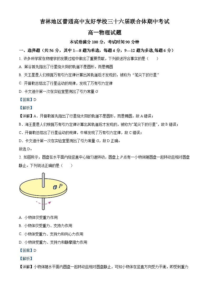 吉林省普通高中友好学校联合体2022-2023学年高一物理下学期期中联考试题（Word版附解析）第1页