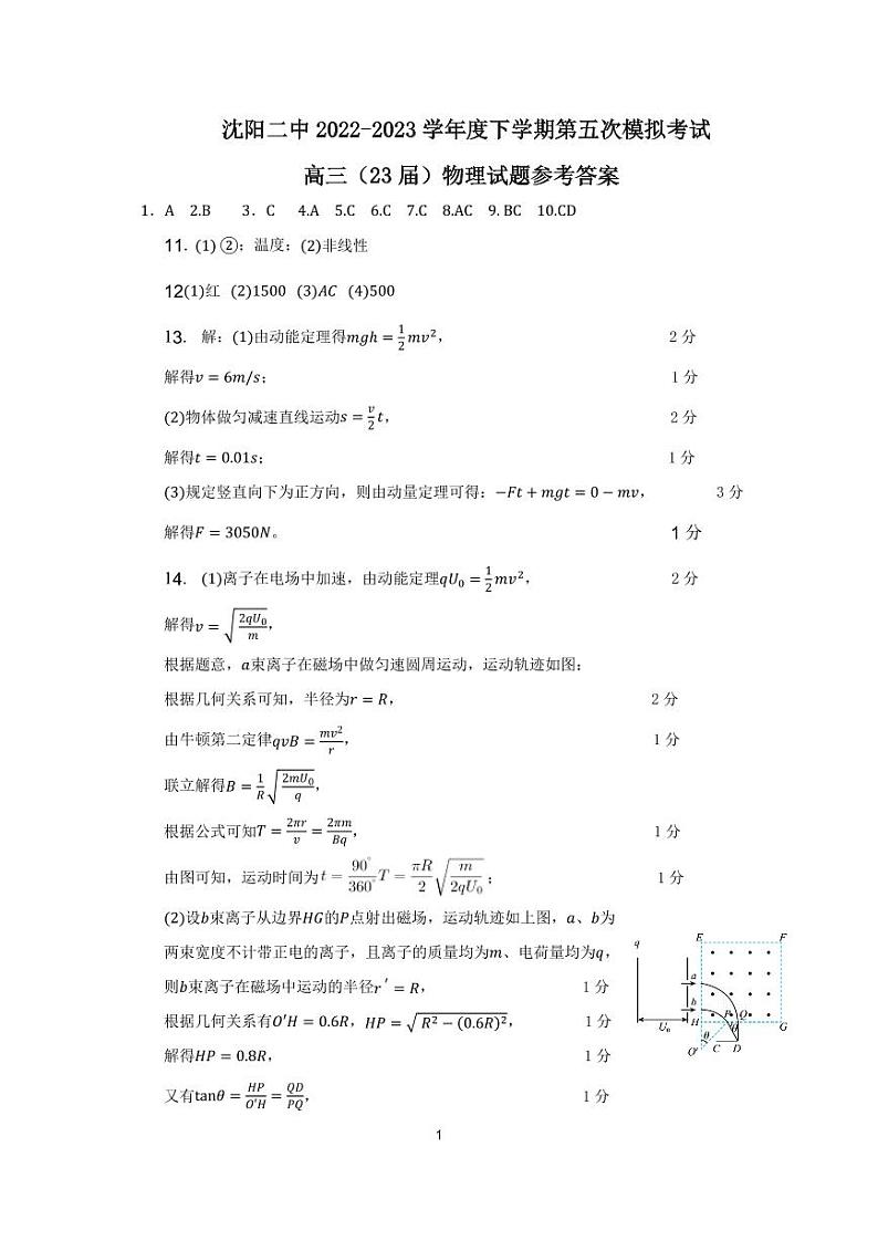 2023届辽宁省沈阳市第二中学高三下学期第五次模拟考试 物理 PDF版01
