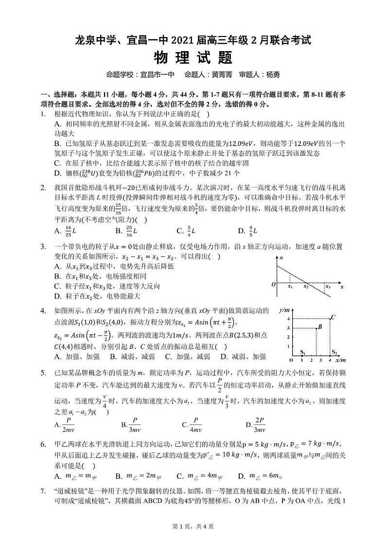 龙泉中学、宜昌一中2021届高三年级2月联合考试物理试题第1页