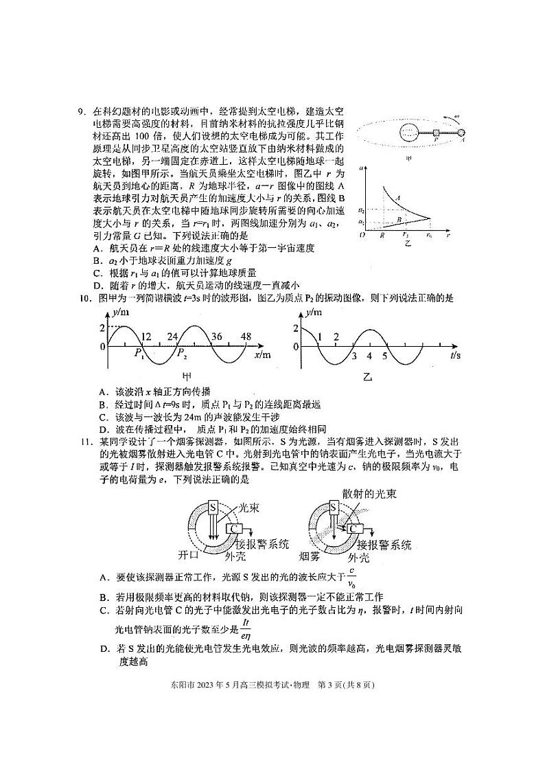 2023届浙江省金华市东阳市高三下学期5月模拟考试物理试卷（原卷版+答案版）03