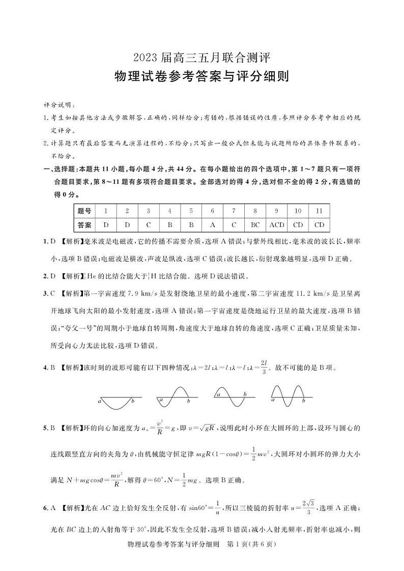 2023届湖北省圆创教育高三5月联合测评物理试卷 PDF版01