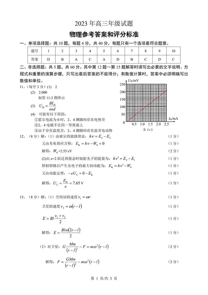 2023届江苏省徐州市高三考前打靶试题 物理答案01