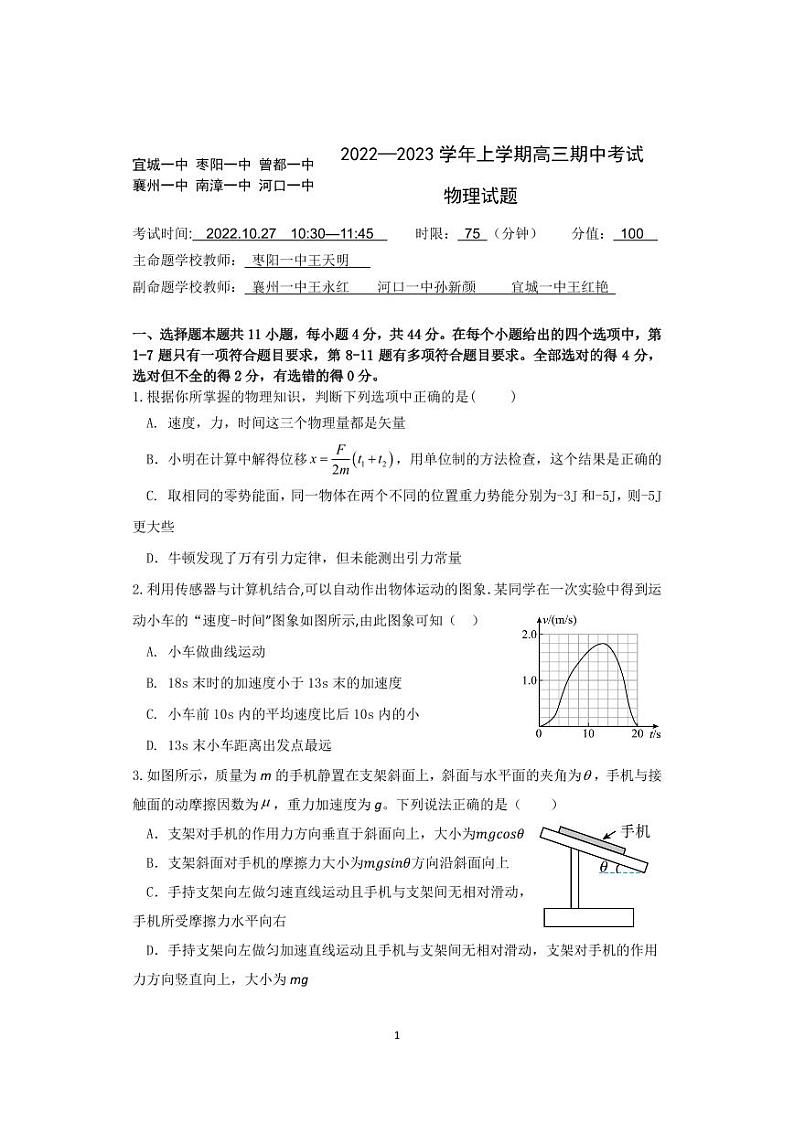 湖北省宜城一中、枣阳一中等六校联考2022-2023学年高三上学期期中考试物理试题 可编辑PDF版含答案、答题卡第1页