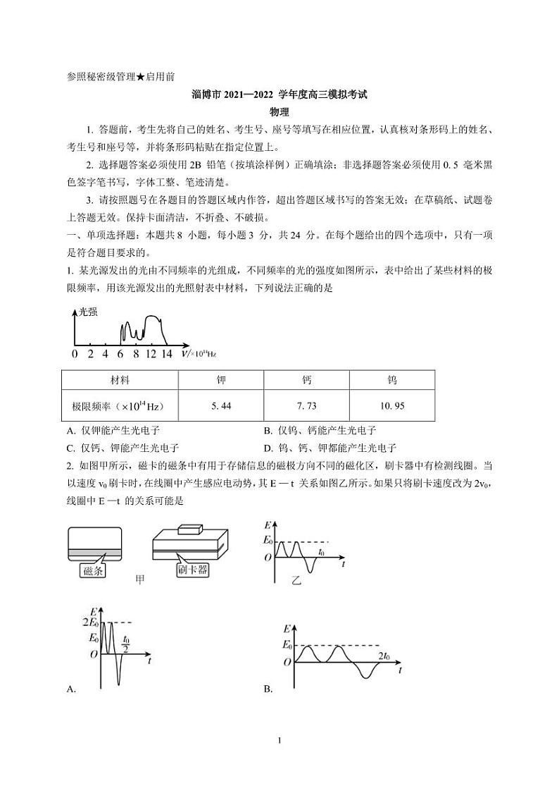 2022届山东省淄博市高三模拟考试（一模）物理试题（PDF版）01