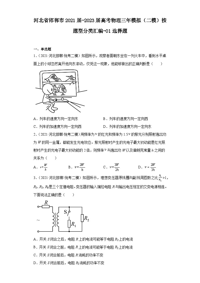 河北省邯郸市2021届-2023届高考物理三年模拟（二模）按题型分类汇编-01选择题01