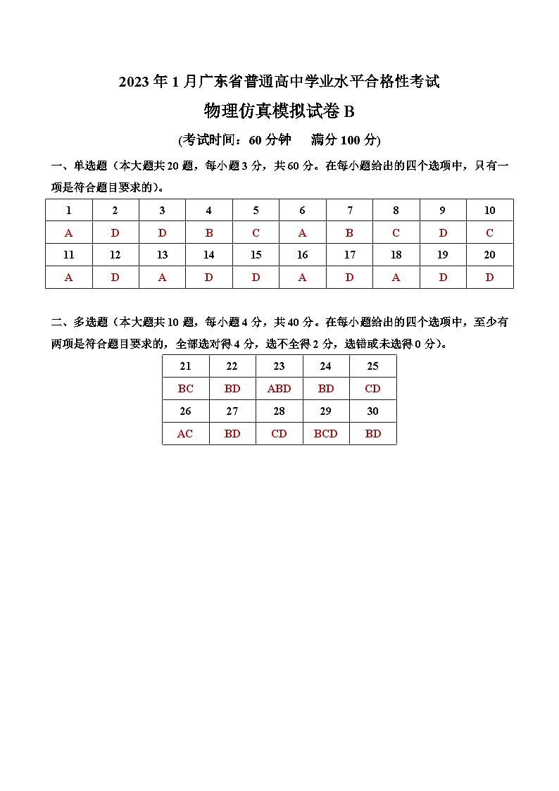 2023年1月广东省普通高中学业水平合格性考试物理模拟卷（二）（含考试版+全解全析+参考答案）01