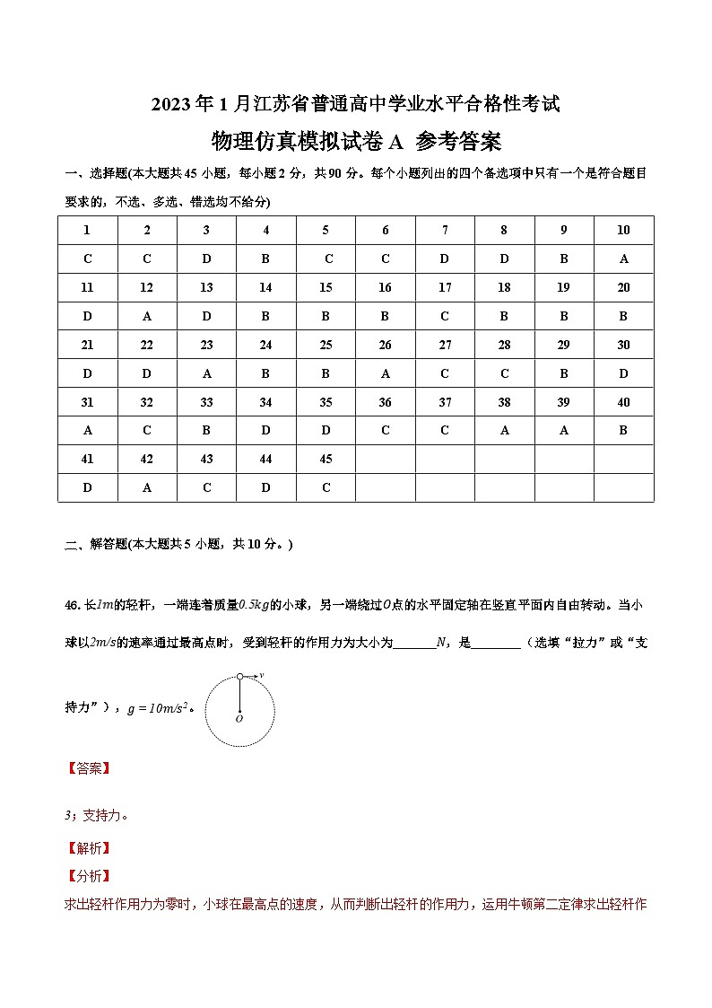 2023年江苏省普通高中学业水平合格性考试物理模拟卷A（含考试版+全解全析+参考答案）01