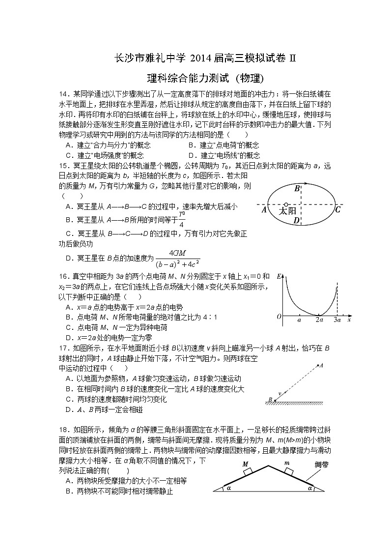 湖南省长沙市雅礼中学2014届高三5月模拟物理试题（word版，有答案）第1页