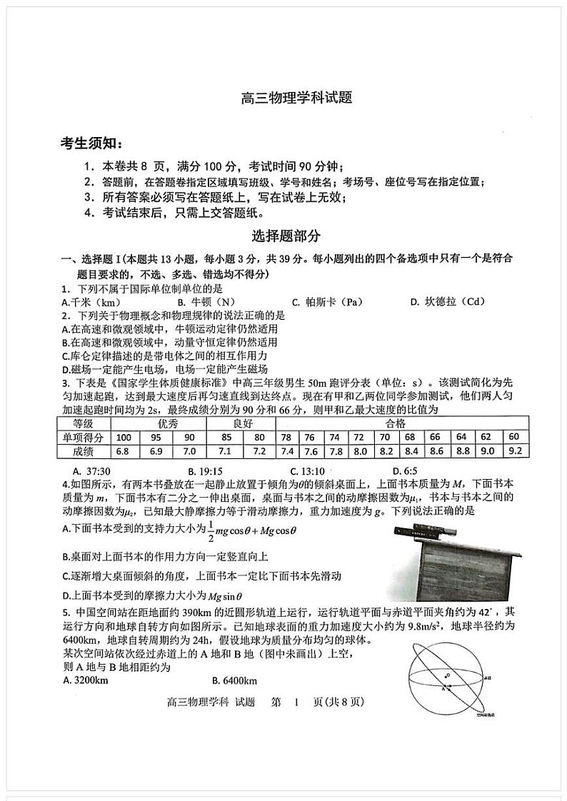 2023届浙江省北斗星盟高三下学期5月联考试题 物理 PDF版第1页