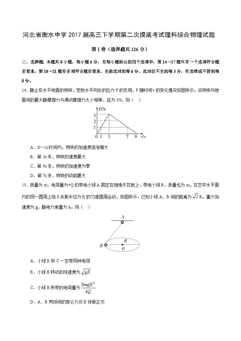 河北省衡水中学2017届高三下学期第二次摸底考试理综物理试题01