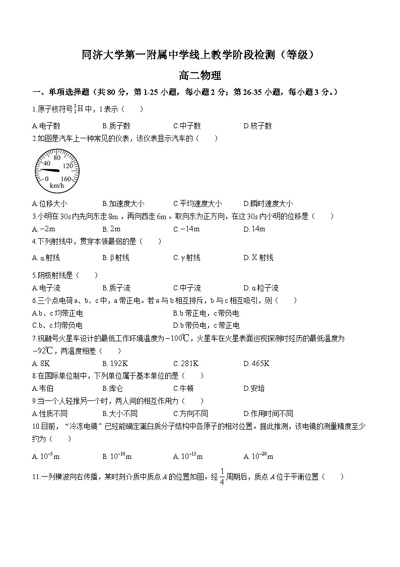 上海市同济大学第一附属中学2021-2022学年高二下学期期末物理试题（等级考）(无答案)第1页
