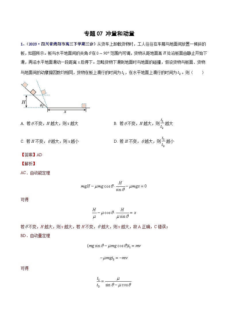 专题07 冲量和动量2023年高考物理三模试题分项汇编（全国通用）（解析版）第1页