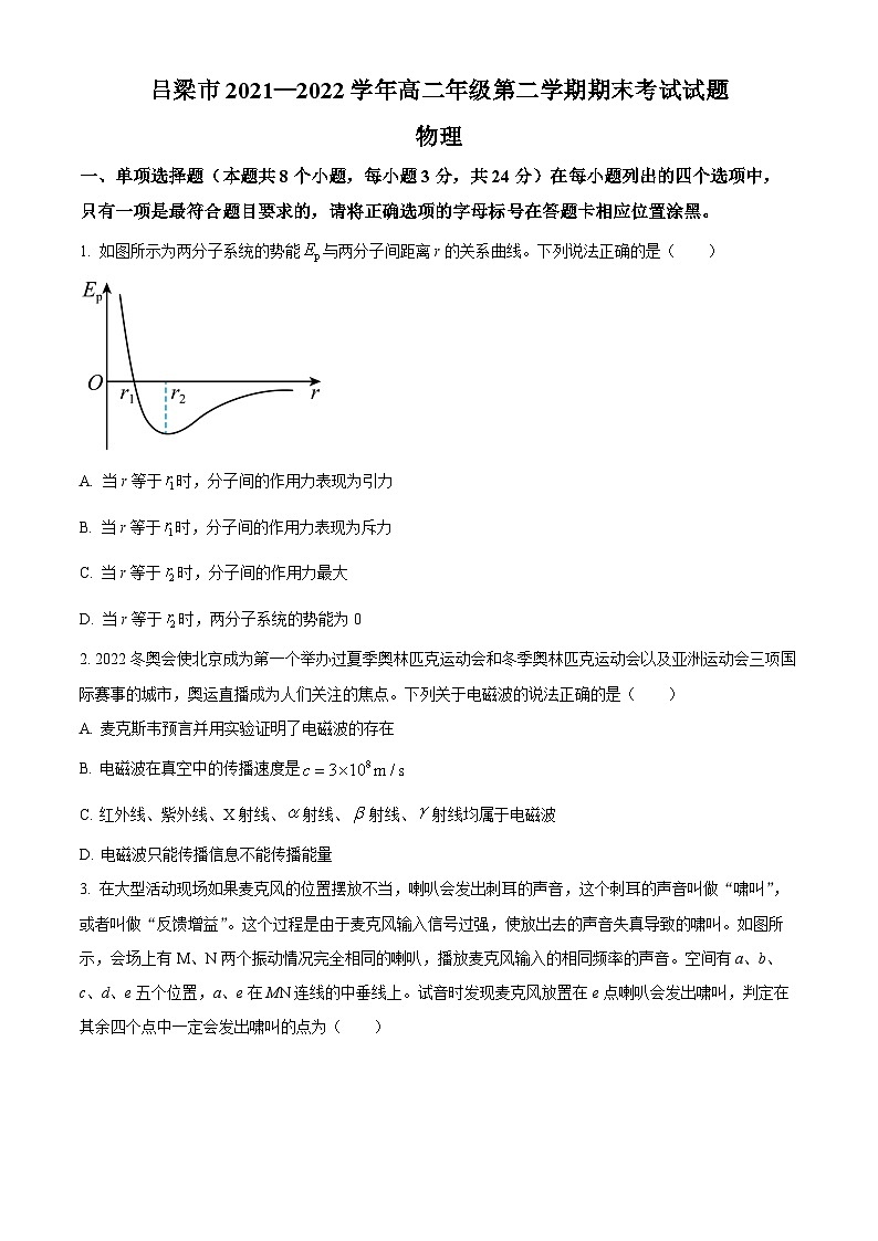 山西省吕梁市2021-2022学年高二下学期期末考试物理试题【公众号：一枚试卷君】第1页