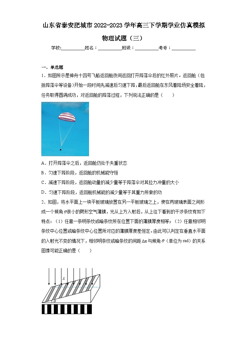 山东省泰安肥城市2022-2023学年高三下学期学业仿真模拟物理试题（三）（含解析）第1页