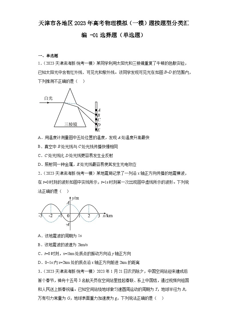 天津市各地区2023年高考物理模拟（一模）题按题型分类汇编-01选择题（单选题）01