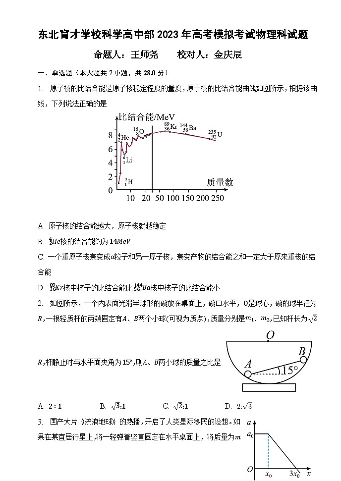 2023届辽宁省东北育才学校高中部高三最后一次模拟考试 物理01