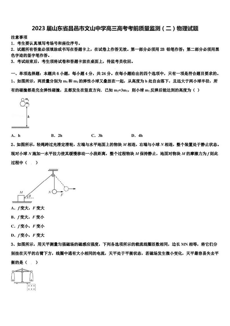 2023届山东省昌邑市文山中学高三高考考前质量监测（二）物理试题第1页