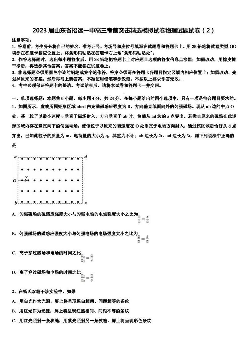 2023届山东省招远一中高三考前突击精选模拟试卷物理试题试卷（2）第1页